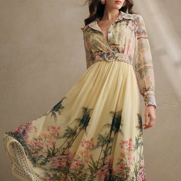 Yellow Boho Women's Floral Print Sleeve Cinched Waist Maxi Dress - Picture 6 of 7